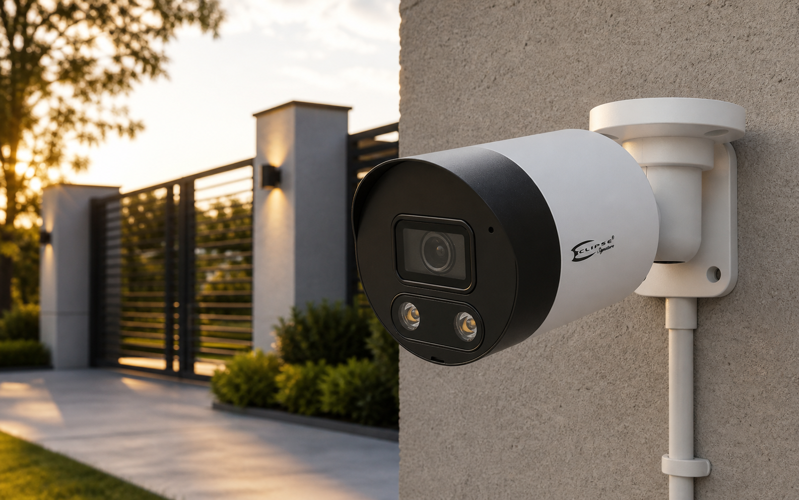Eclipse Signature bullet CCTV camera installed on a modern exterior wall
