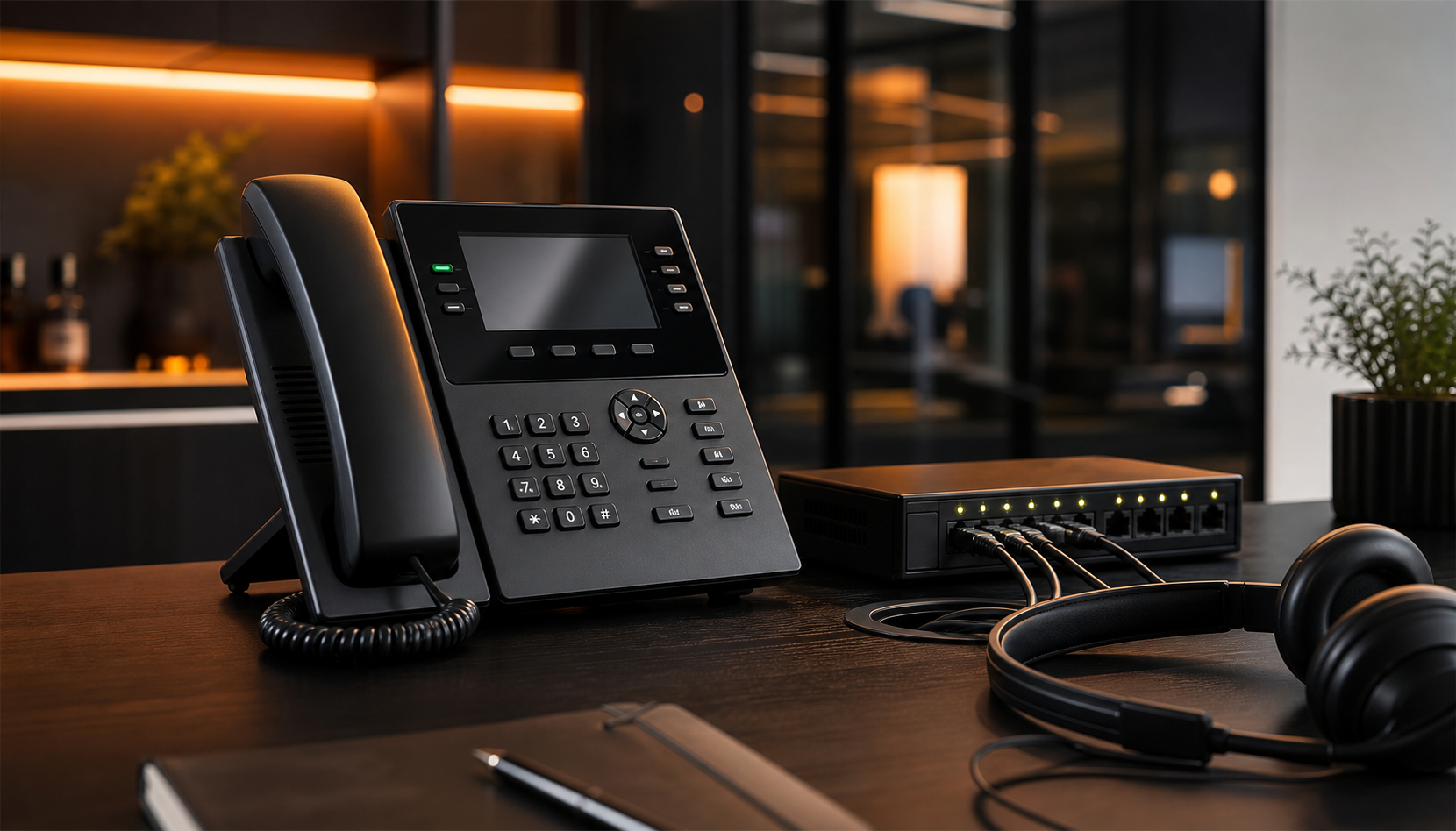 VoIP desk phone and network switch on a modern office desk