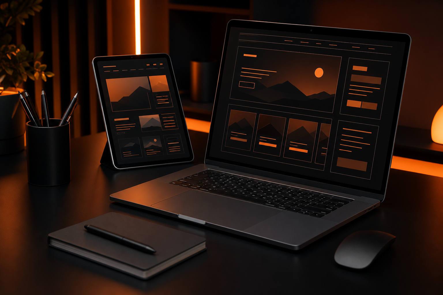 Dark premium website design mockups on laptop and tablet